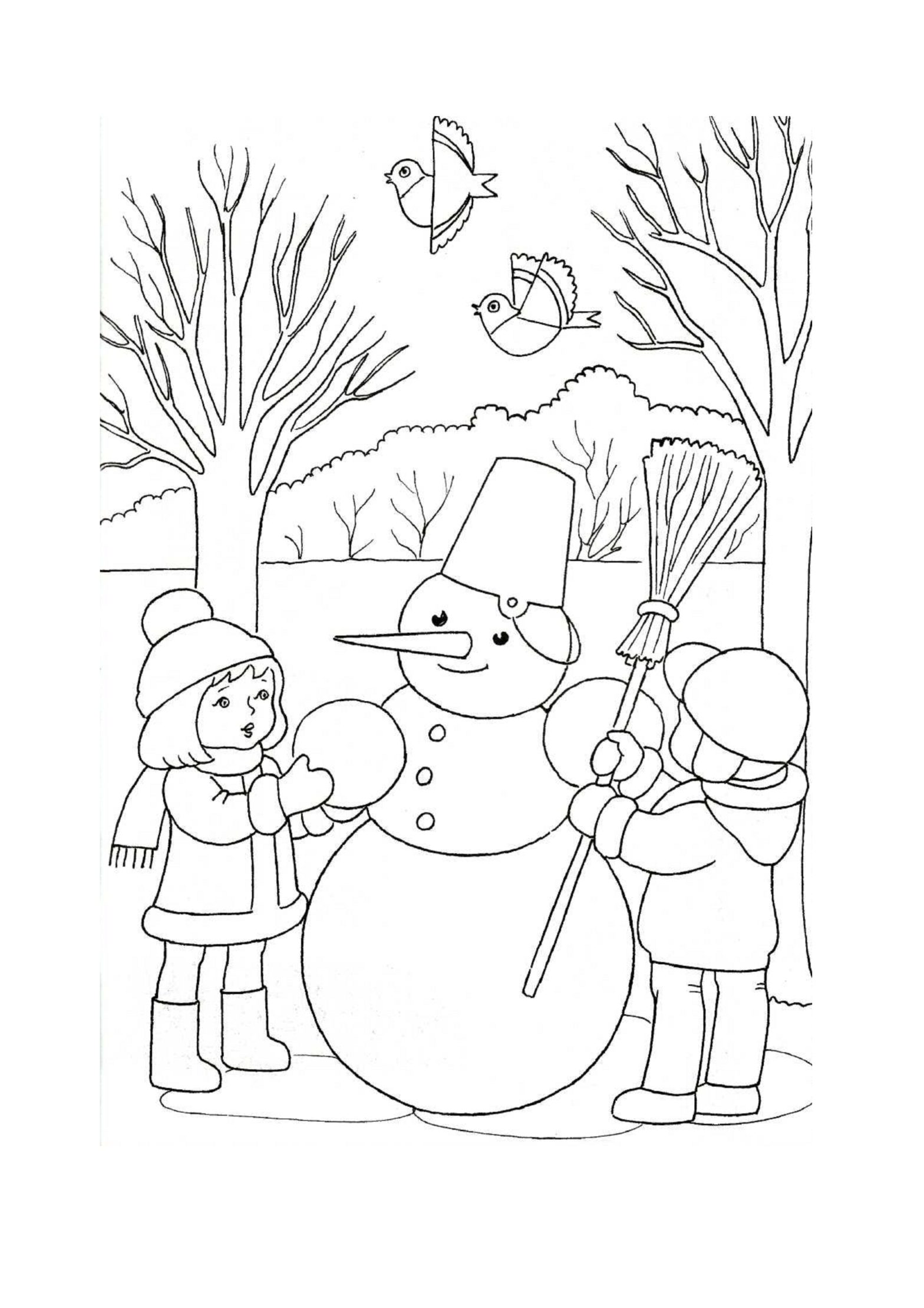 Раскраска для детей: мальчик и девочка во дворе слепили снежную бабу (дети)