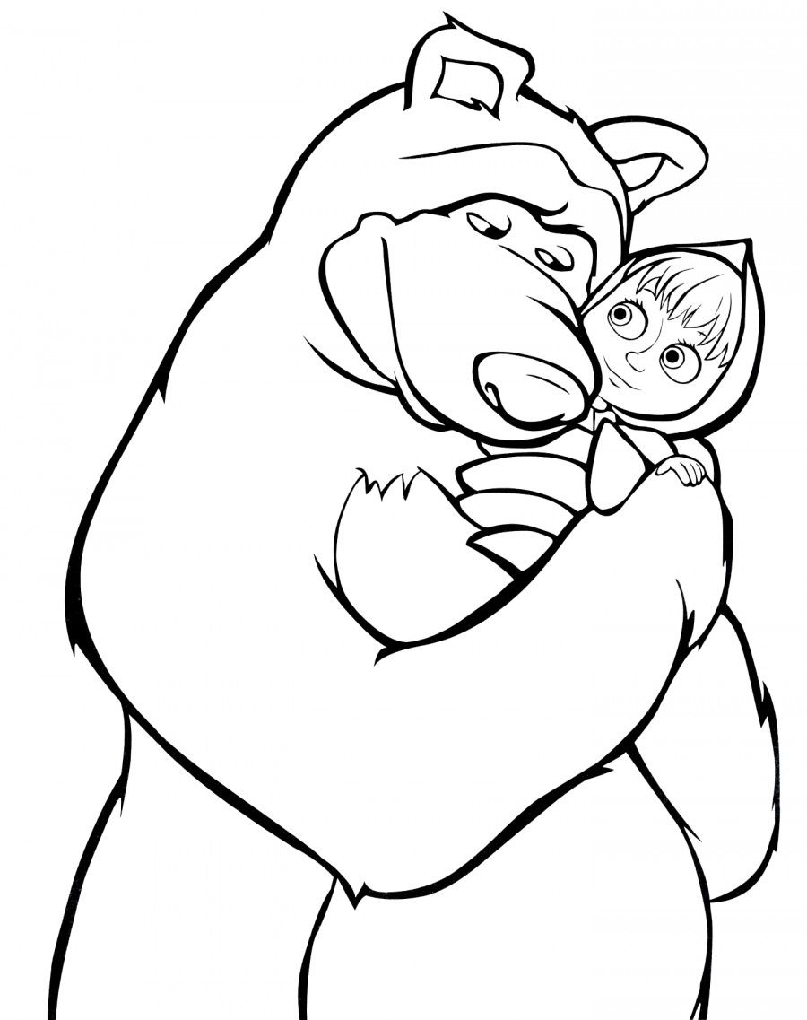 Медведь обнимает Машу - раскраска для девочек, бесплатно скачать и распечатать (медведь, маша)