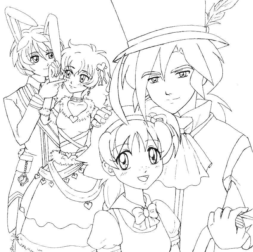 Изображение раскраски с персонажами из сказок Алиса, Братец Кролик и Шляпник