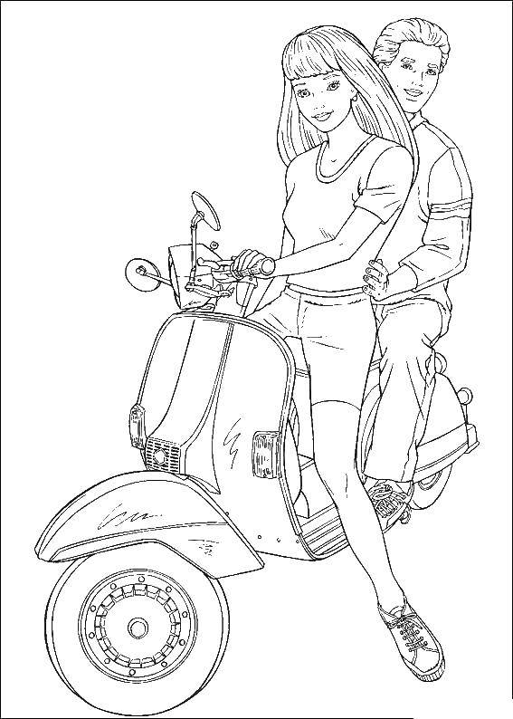 Раскраска Барби, Кен и мотоцикл для девочек (барби, кен, мотоцикл)