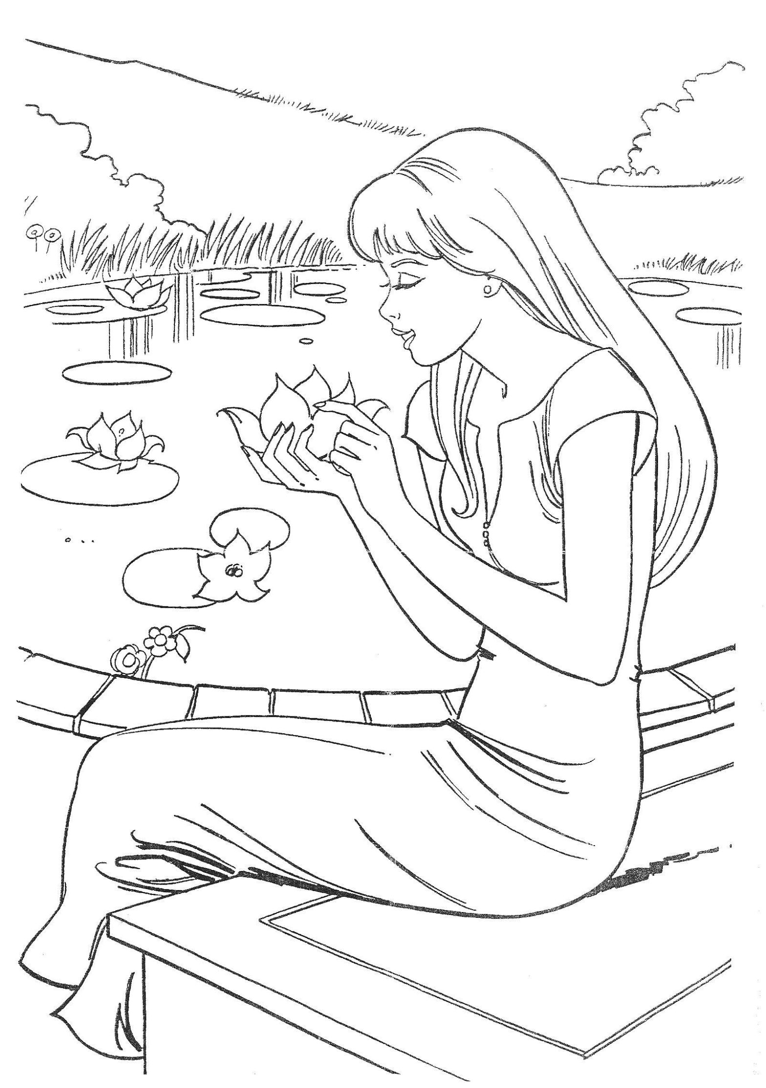 Раскраска Барби принцессы сидящей у пруда (барби, пруд)