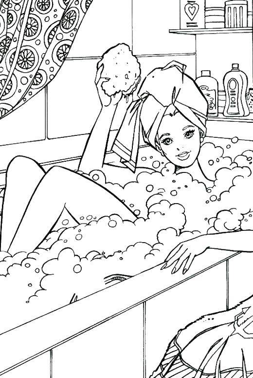 Раскраска Ванная комната с Барби в ванне для девочек (ванная, развлечение)