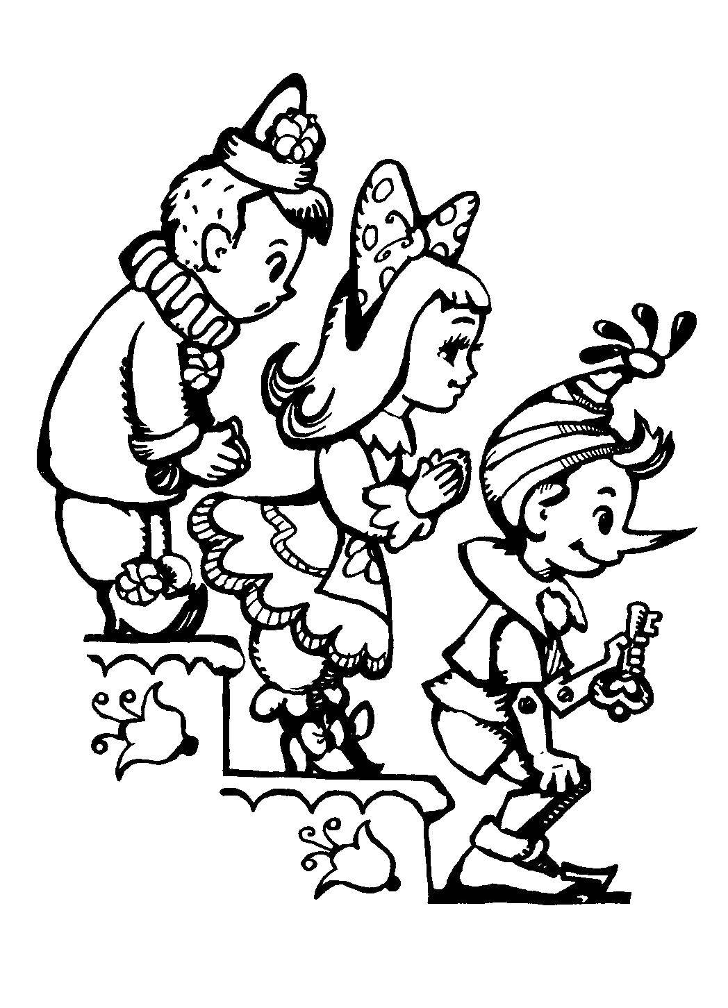 Раскраска с изображением персонажей сказки Золотой ключик Буратино (сказки)