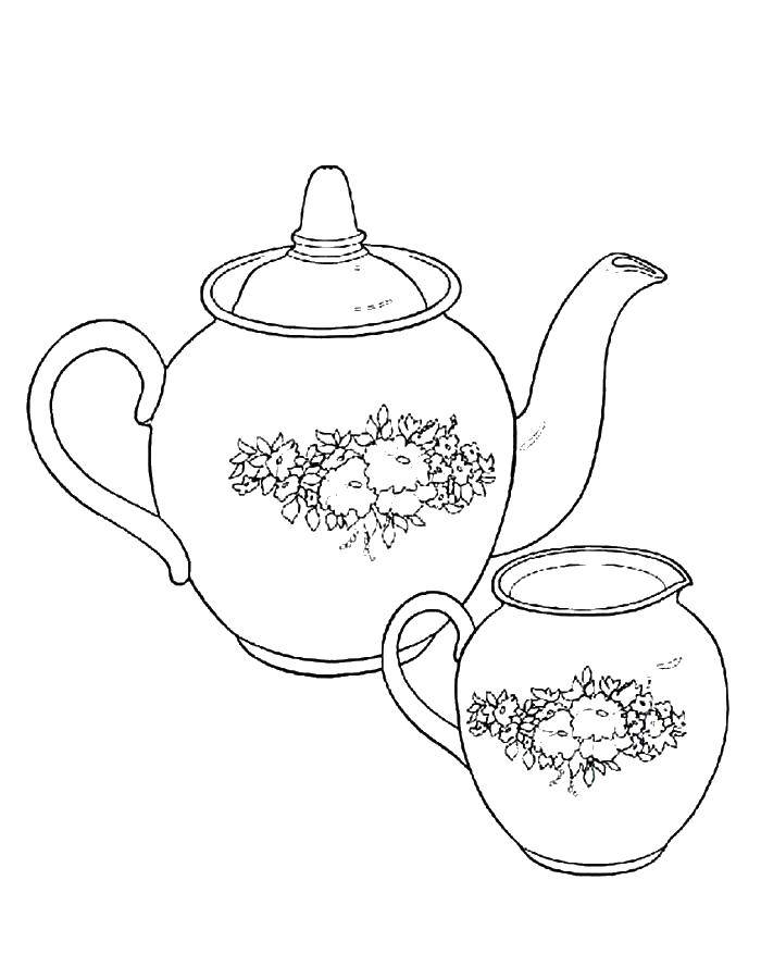 Раскраски бесплатно для детей: чайник, бокал и другая посуда (чайник, бокал)