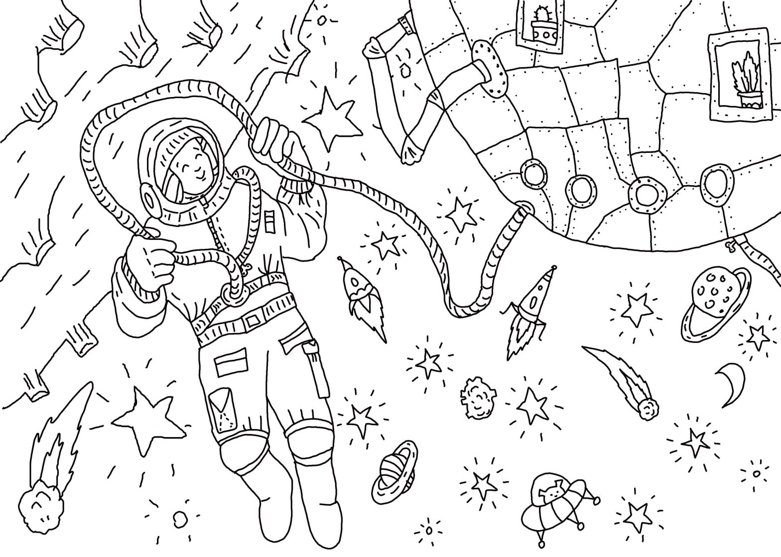 Раскраска космос, космонавт, ракета и звезда (космос, ракета, звезда)