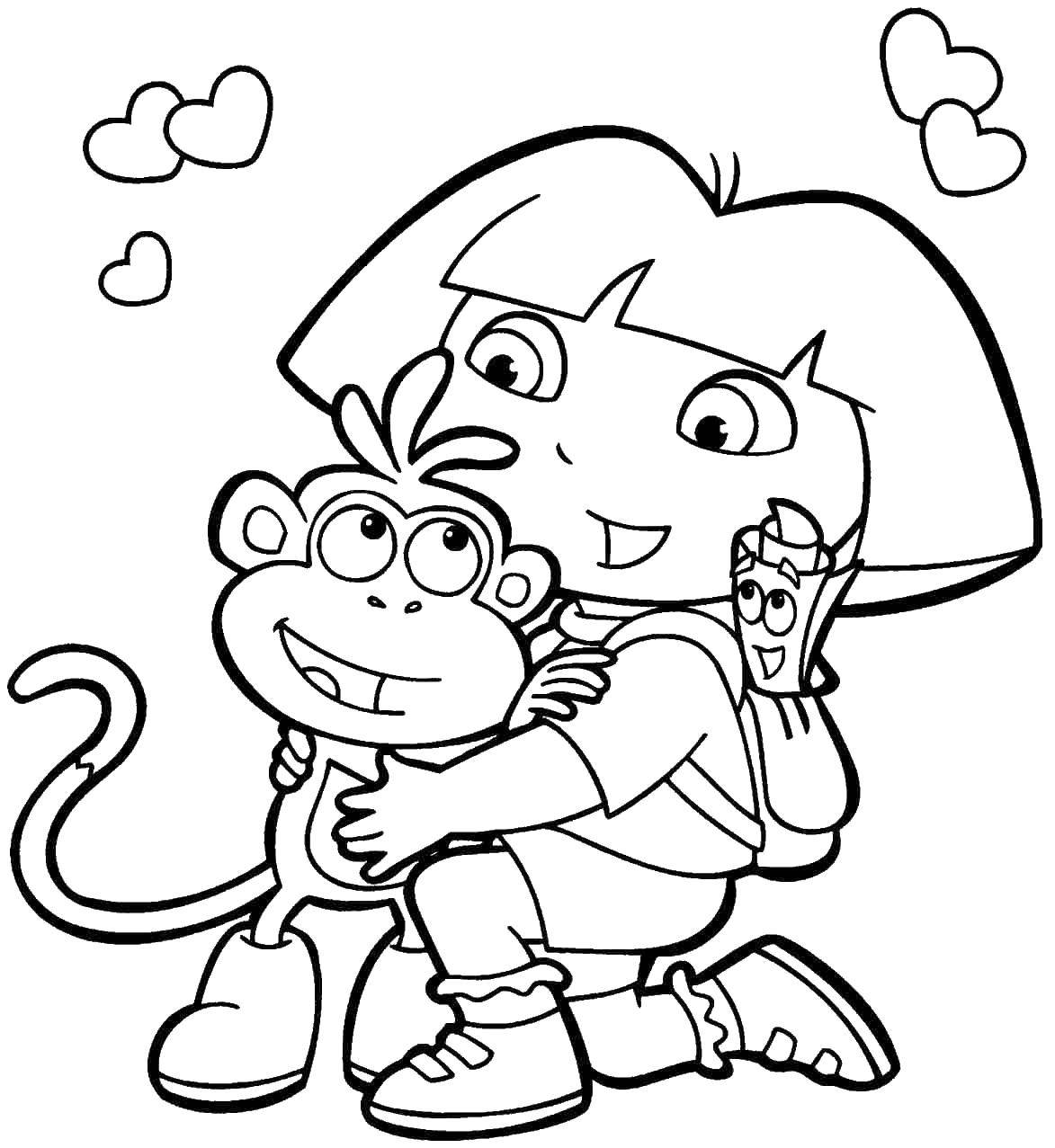 Раскраска с персонажами Даши Путешественницы и ее другом Башмачком (мультфильмы, Даша, Башмачок)