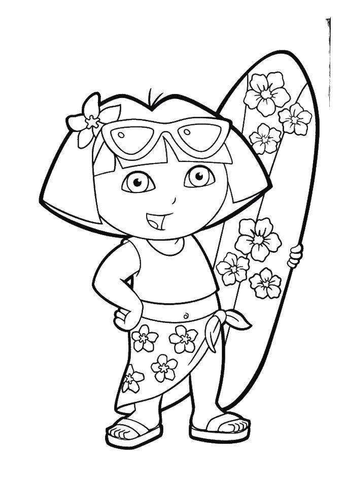 Даша путешественница на доске в купальнике с очками раскрашивает морской пейзаж (Даша, доска, очки)