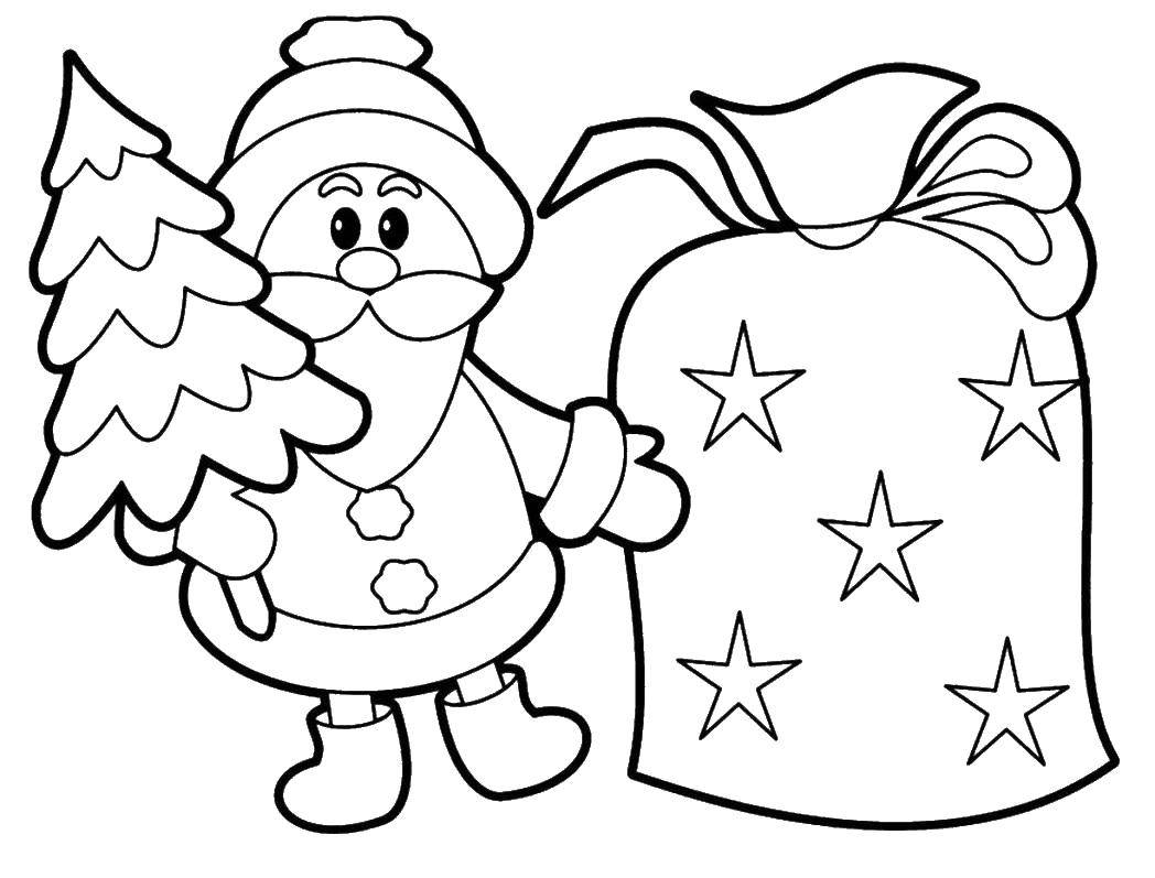 Раскраски на Рождество: Дед Мороз, елка, мешок (мешок)