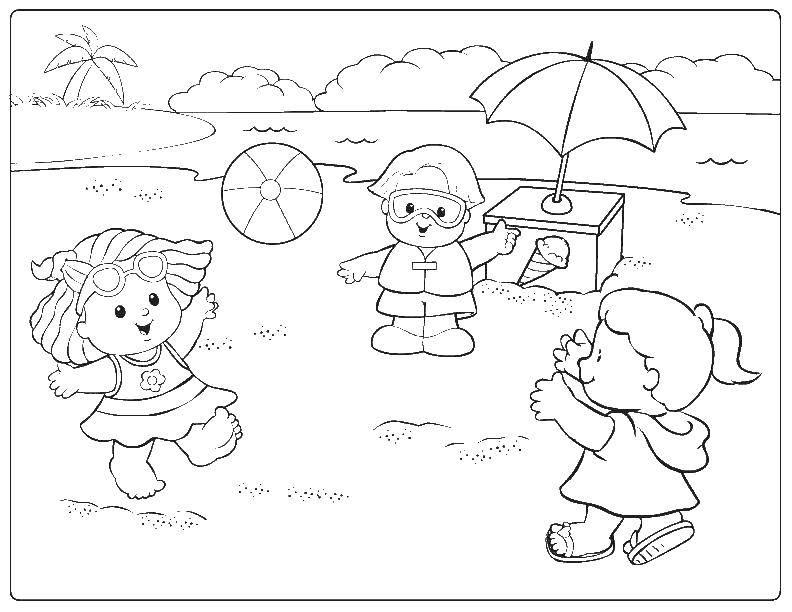 Летние развлечения - раскраска мальчика и девочки играющих с мячом песком (развлечения, мальчики, девочки, песок)