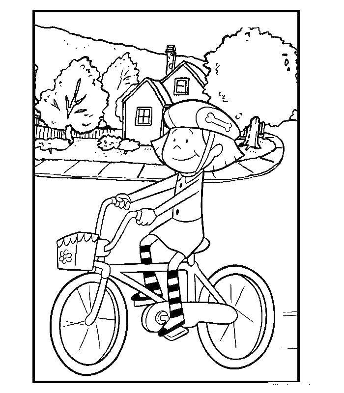 Девочка на велосипеде раскрашивает картинку (девочки, велосипед)