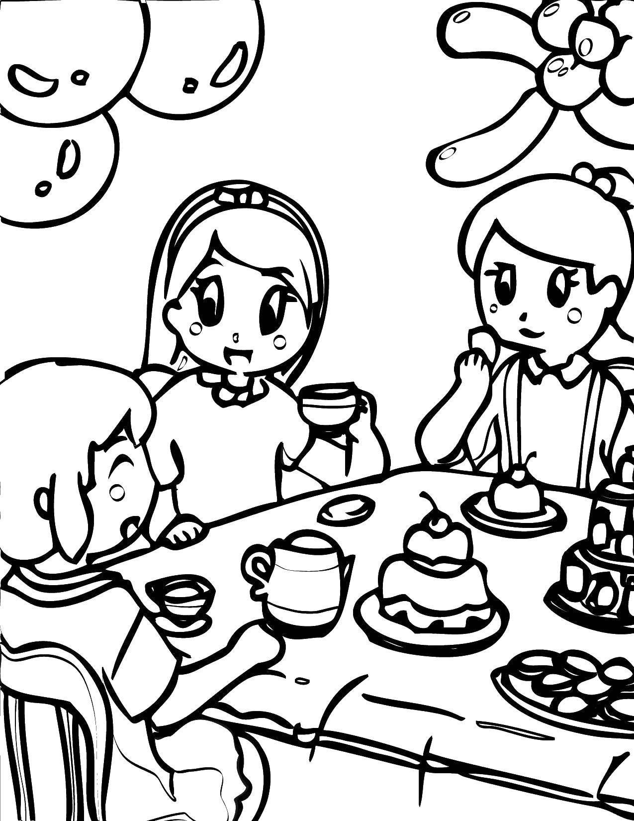 Раскраски на день рождения детей: стол, торт, шарики (стол, шарики)