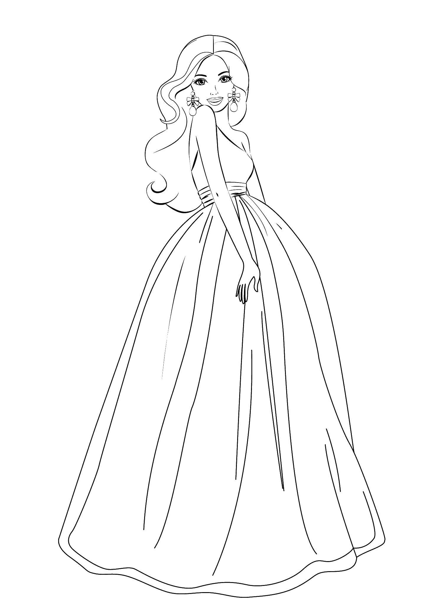 Раскраска девушки в модном платье с красивыми серьгами (платья, серьги)
