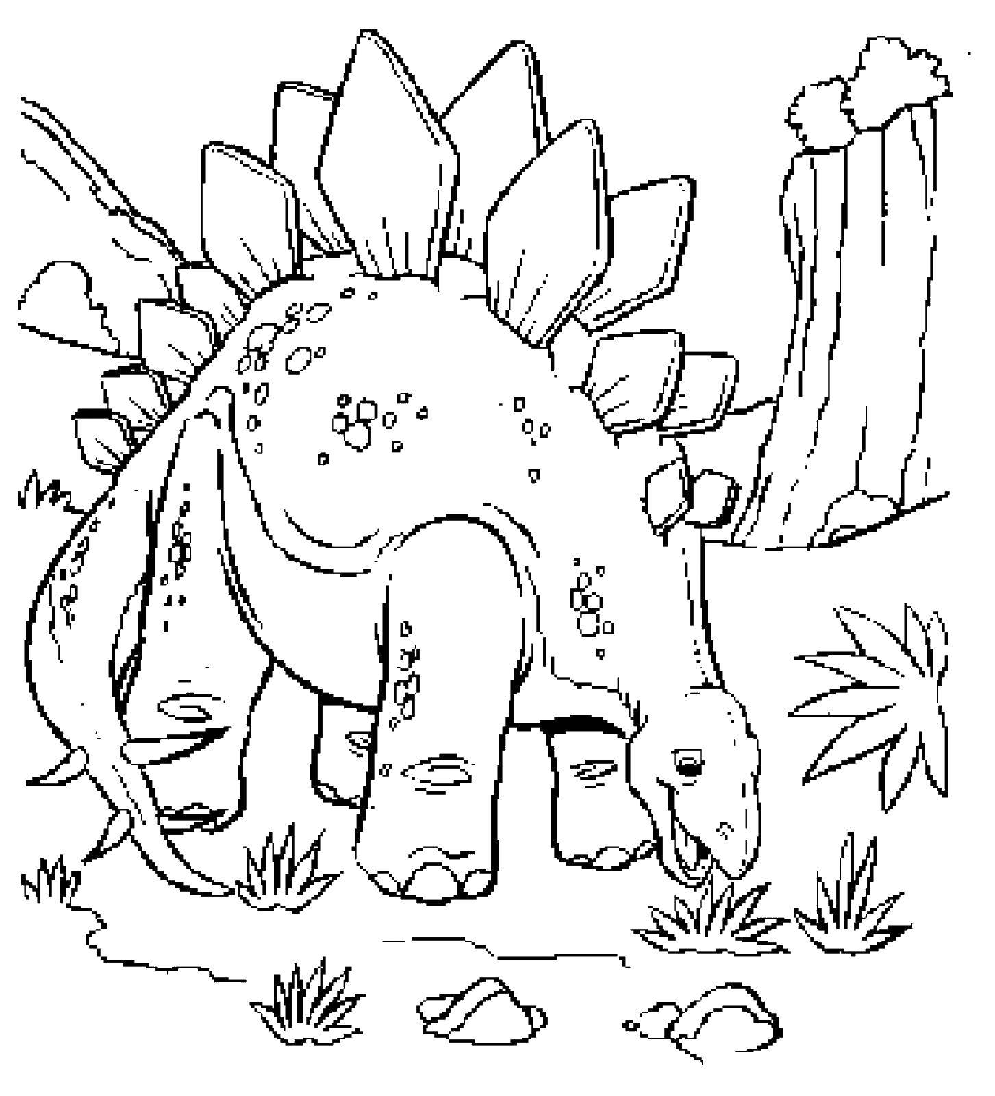 Раскраска динозавра в парке юрского периода, окруженном травой и камнями (парк, камни, приключение)