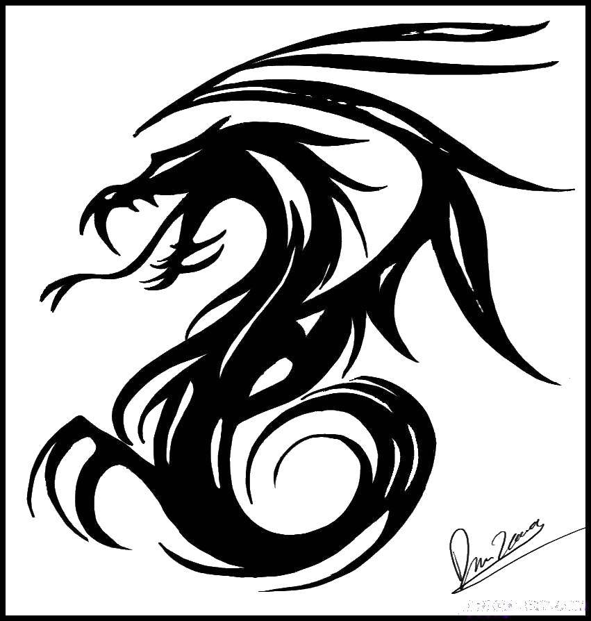 Раскраска дракона в виде татуировки (драконы, татуировки)