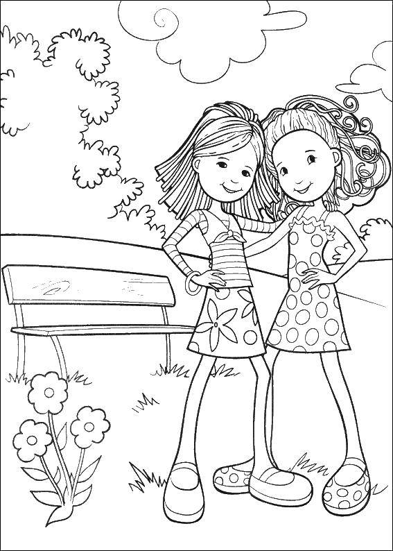 Раскраска девочки на лавочке с цветами (девочки, лавочка, цветы)