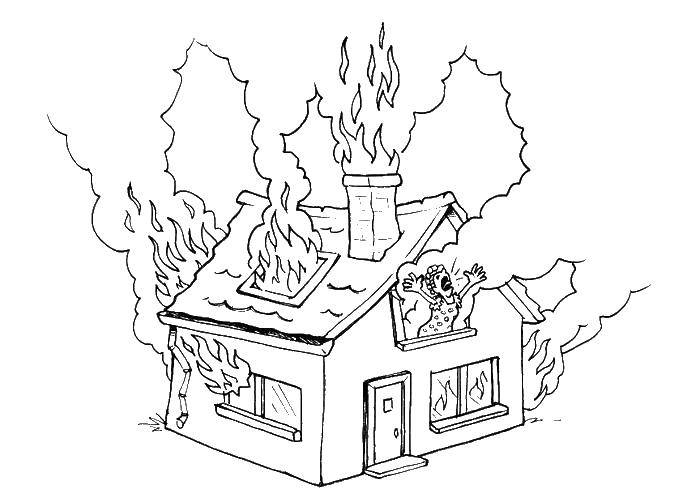 Раскраска с изображением пожарной машины и огня (пожар)