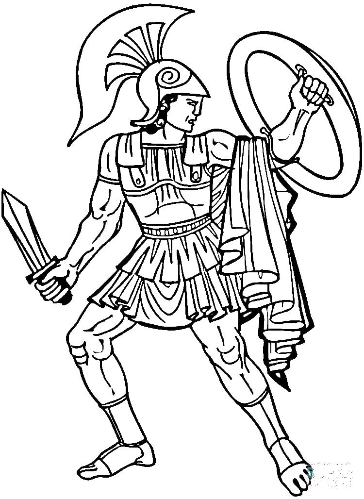 Раскраски Греческий воин с мечом и щитом для мальчиков