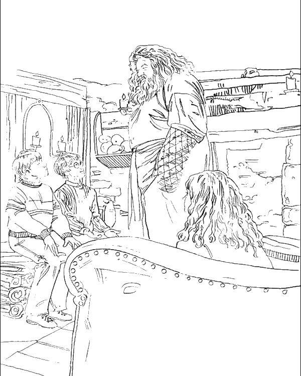 Раскраска с изображением Гарри Поттера, Хагрида, Гермионы и Рона (Хагрид, Рон)