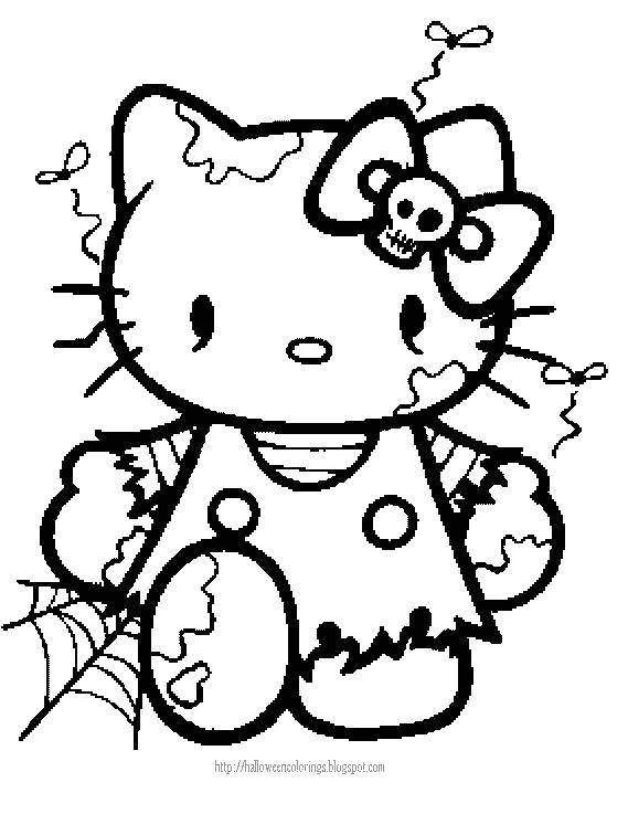 Раскраска Хэллоуин Hello Kitty с паутиной, бантиком и черепом (Хэллоуин, череп)
