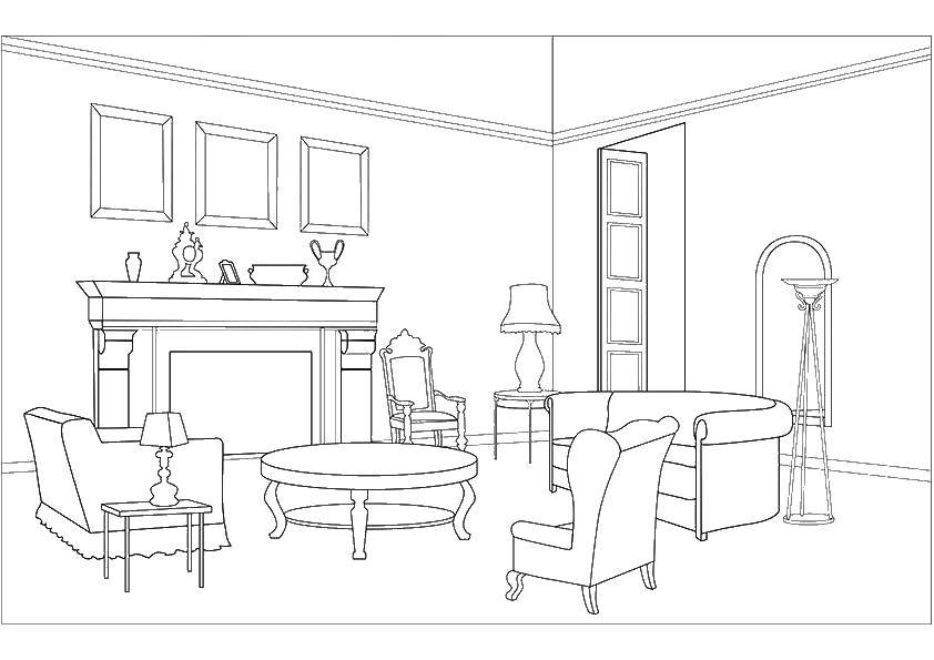 Раскраска гостинной комнаты с камином, креслом, столиком и лампой для детей (гостинная, комната, камин, лампа)
