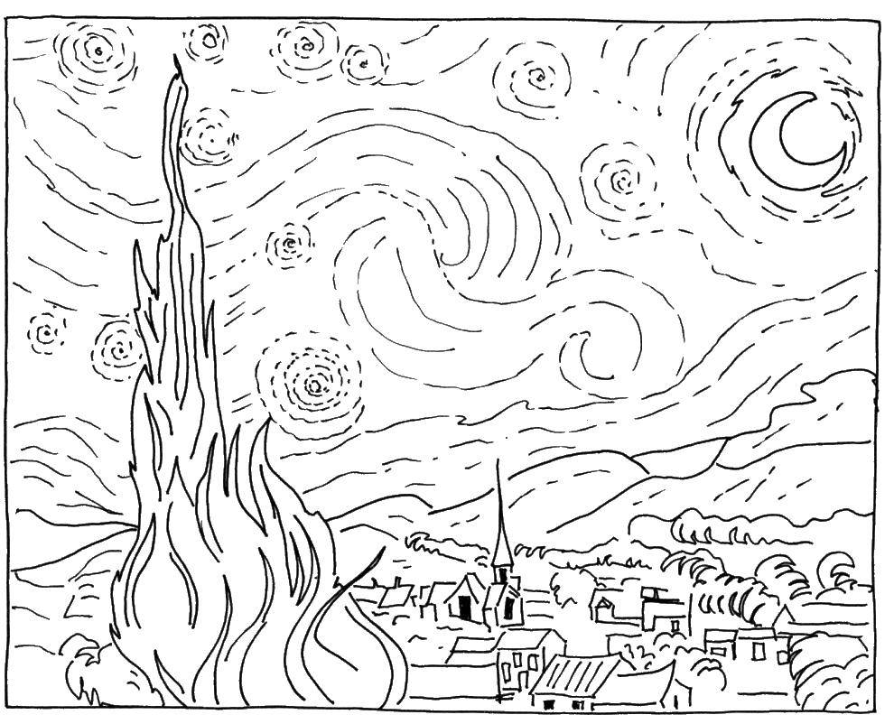 Бесплатные раскраски звездной ночи, картины и Ван Гога для детей (звездная, ночь, картина)