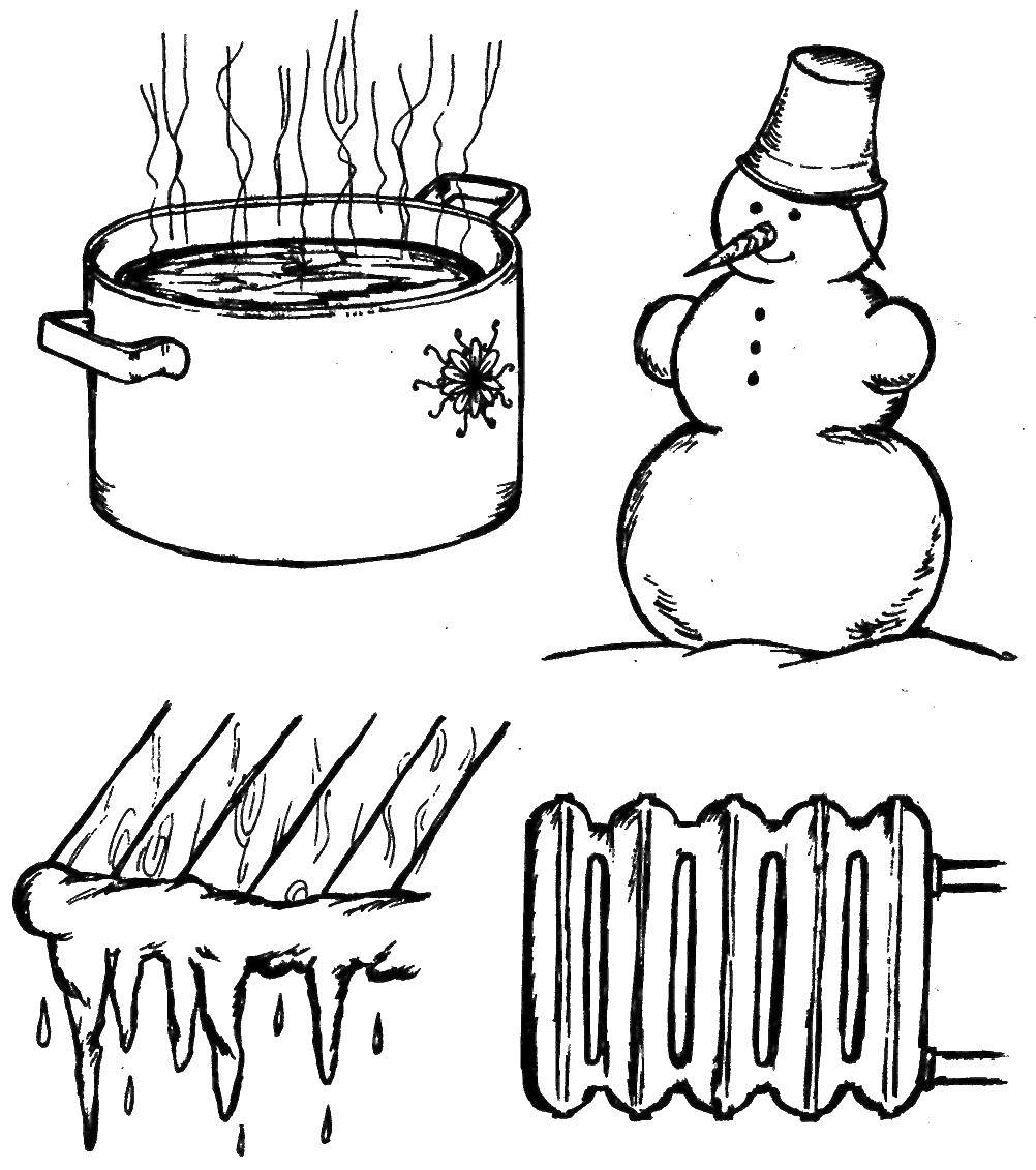 Раскраски вода, кастрюль, снеговик, батарея (вода, снеговик, батарея)