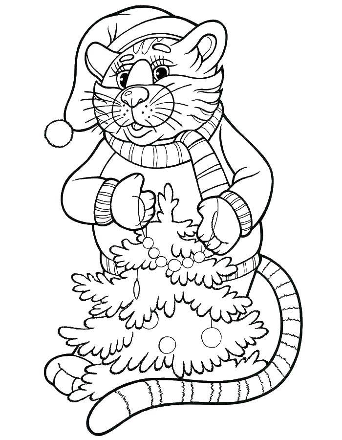 Раскраска на Рождество с елкой и котом (кот)