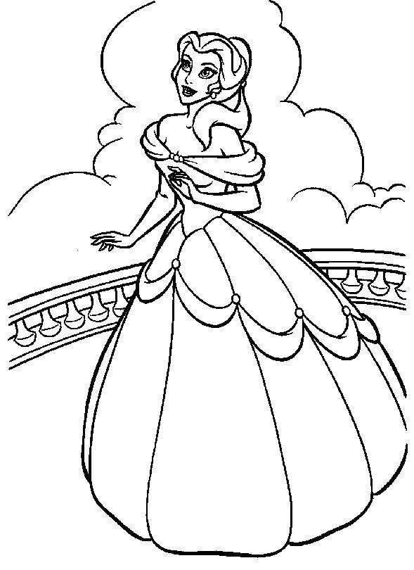 Раскраска принцессы Дисней на балконе в платье (принцессы, Дисней, платье, балкон)