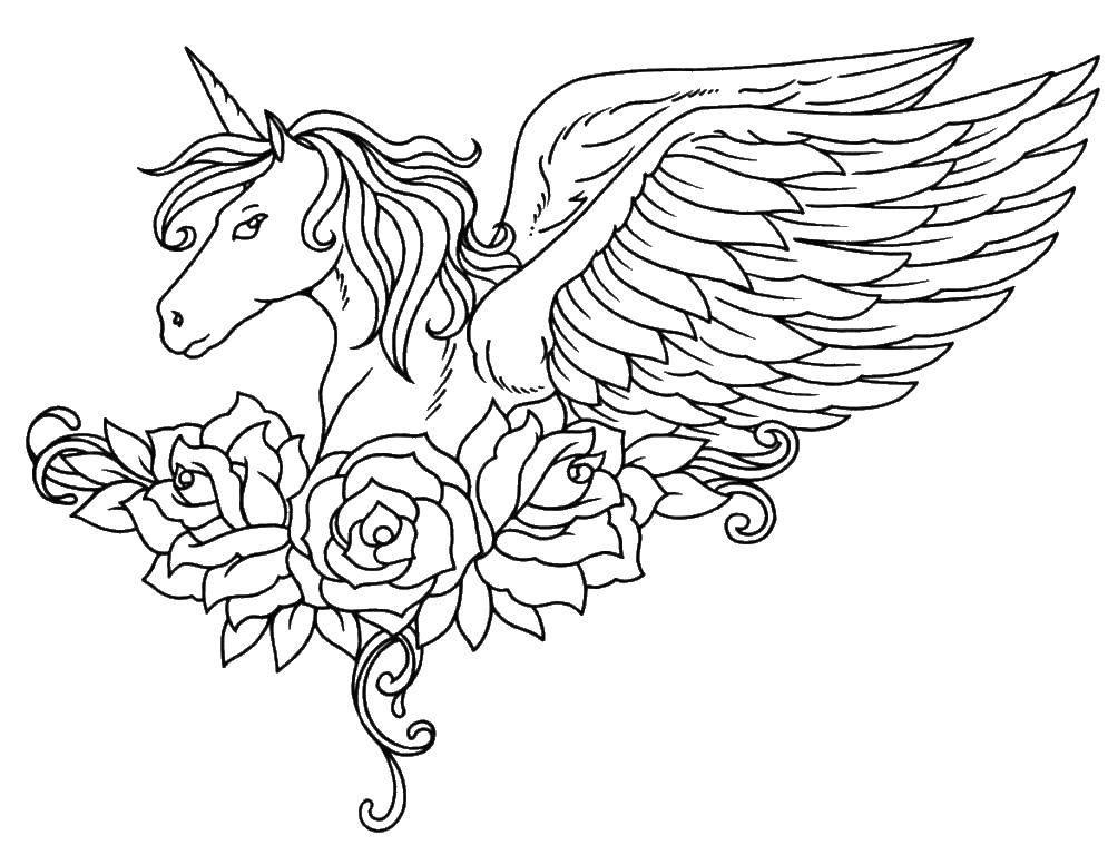 Раскраска единорога с крыльями и розами для девочек (розы, развивающие)