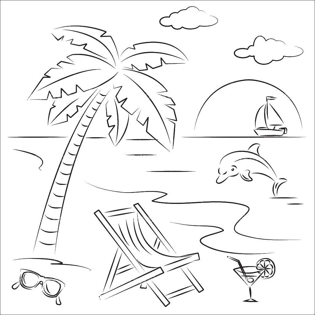 Раскраска Летний пляж с мотивами песка, дельфина, моря и пальмы