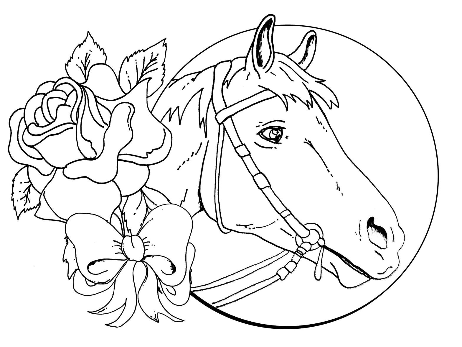 Раскраска лошади и розы с бантом (лошади)