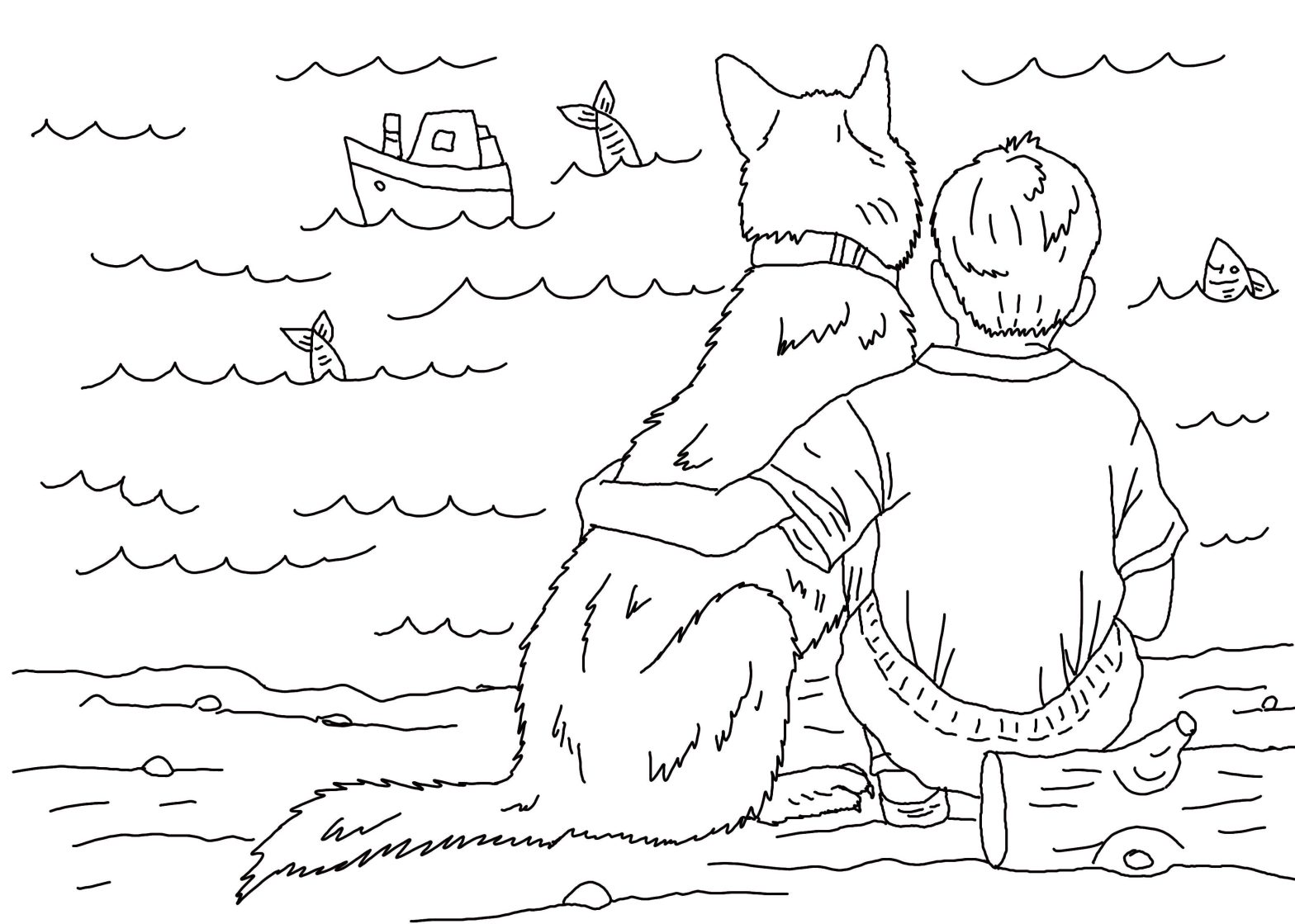 Раскраска корабля для мальчиков с собакой (корабль, мальчик, собака)