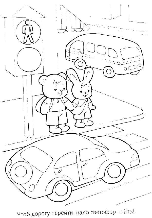 Раскраска светофора и дороги для детей (дети, светофор, правила)