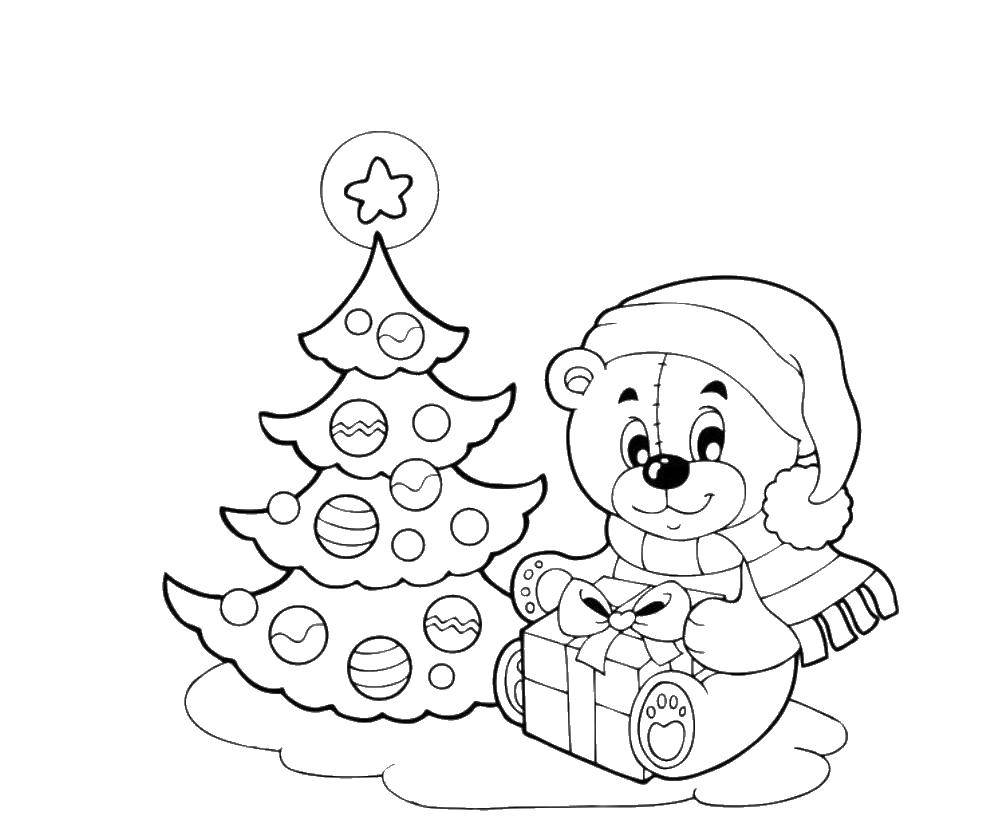 Раскраски с изображением рождественской елки, подарков и медведей для детей (рождество, медведь)