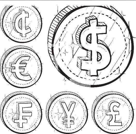 Раскраска с изображением монет и купюр на тему Деньги деньги, монеты (монеты)