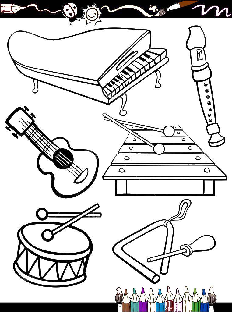 Раскраски музыкальных инструментов (музыкальные, инструменты, разнообразные)