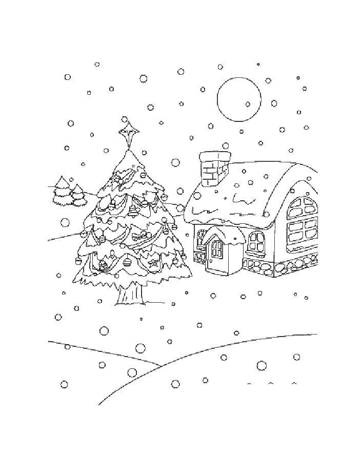 Раскраски с снегом, елкой и домом для детей (снег, елка, дом)