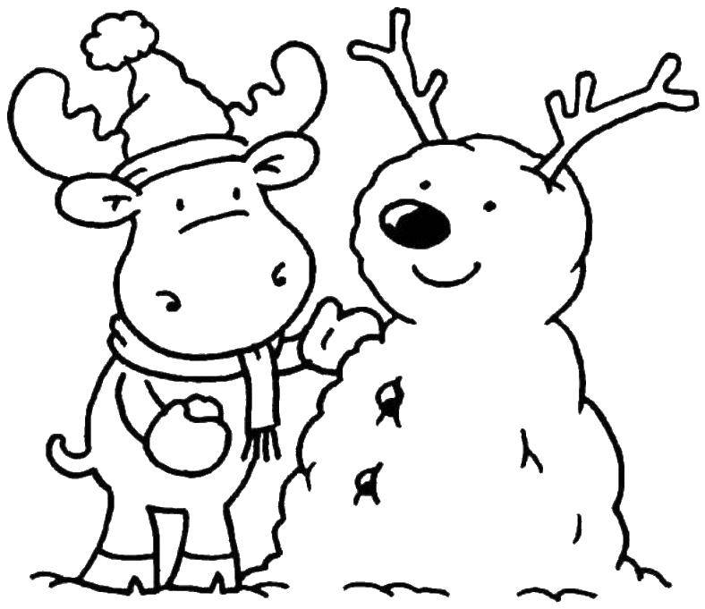 Раскраска с снеговиком и оленем на фоне зимнего леса (зима, снеговик, олень)