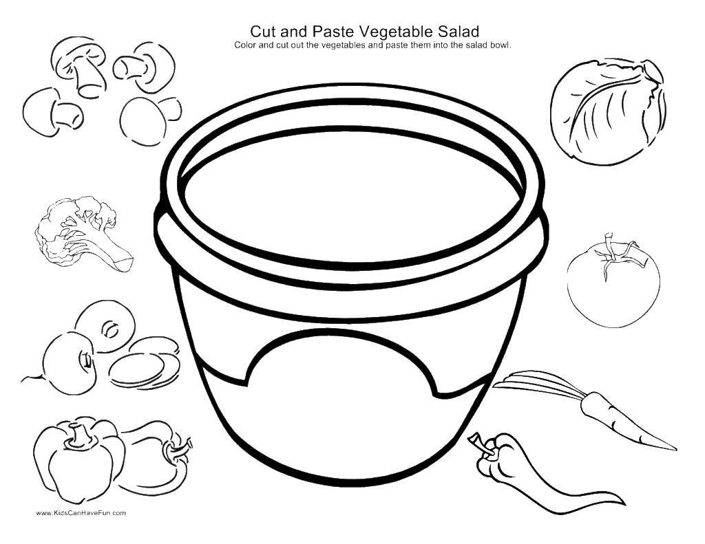 Раскраска с овощами и салатами для детей (шаблоны, овощи)