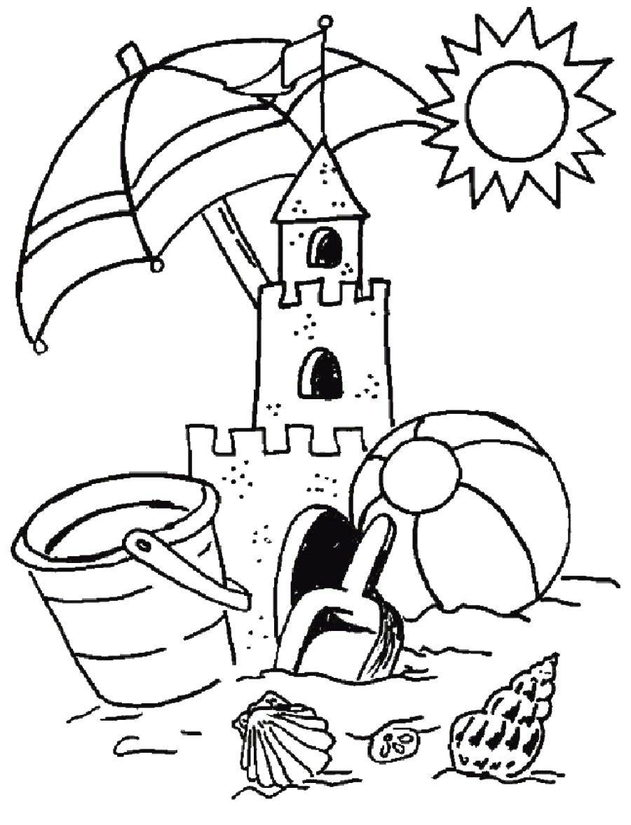 Раскраска с изображением Лета: песок, замок, солнце, ведро, лопатка для детей (замок, лопатка)