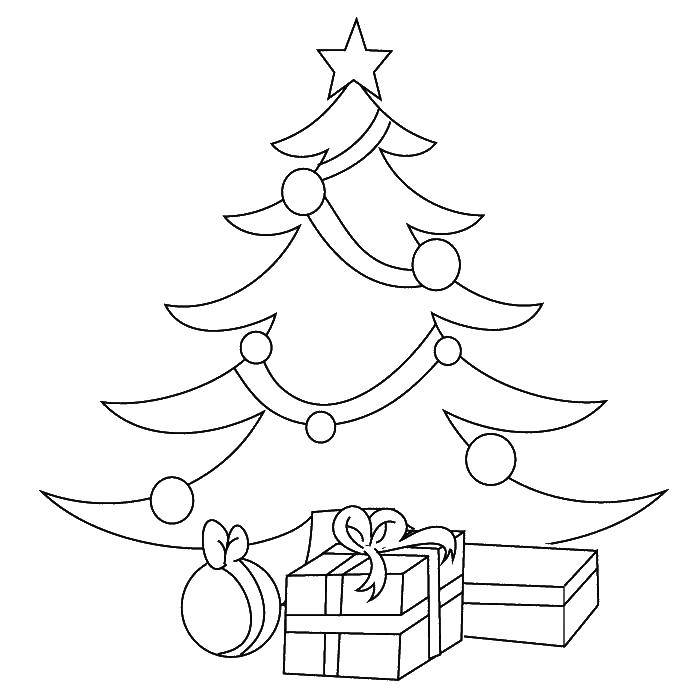 Раскраска на Новый Год с ёлкой и подарками (игрушки, подарки)