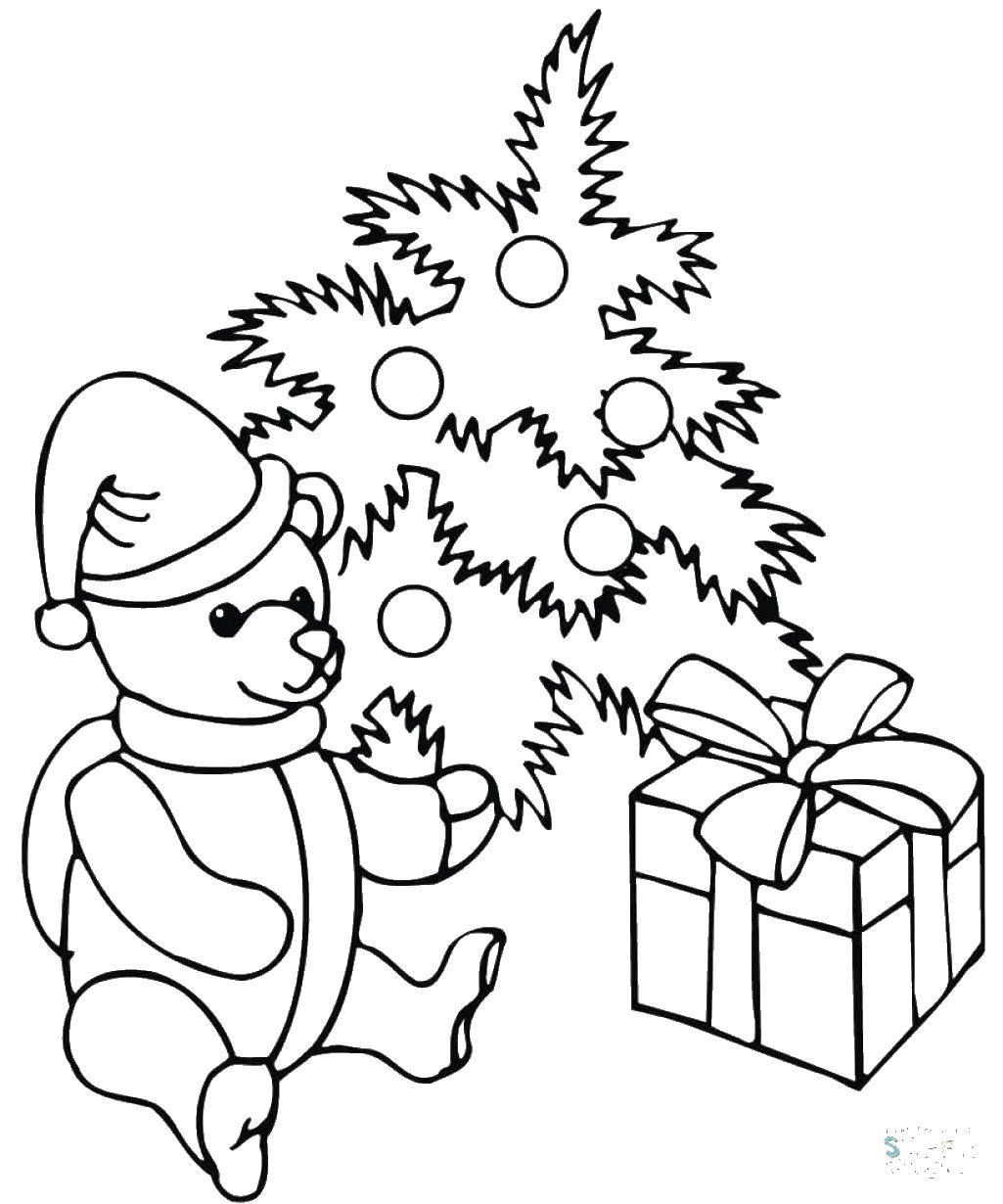 Раскраски новый год - елки, подарки, мишки для детей разных возрастов (подарки, мишка)