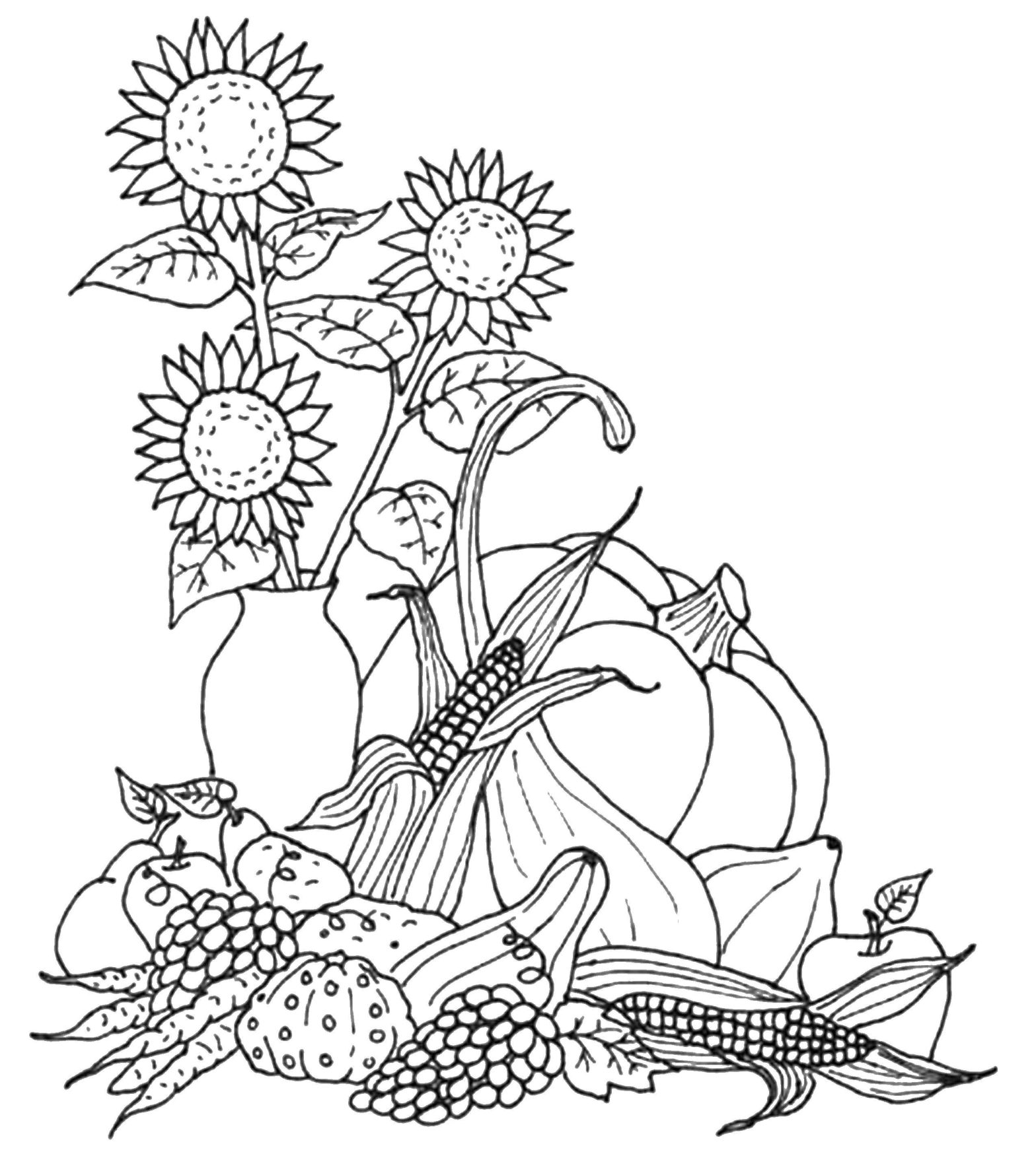 Раскраска подсолнухов и осенних листьев для детей (осень, подсолнухи, урожай)