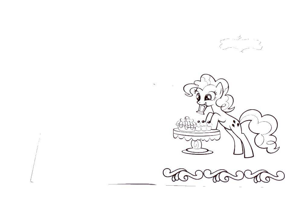 Раскраска пони с кексами на столе (стол, кексы)