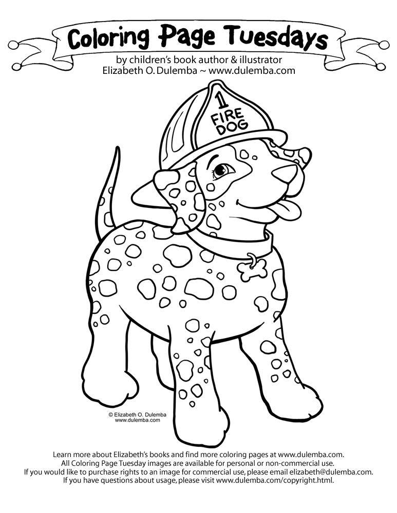 Раскраска с пожарной собакой в каске (собаки, каска)