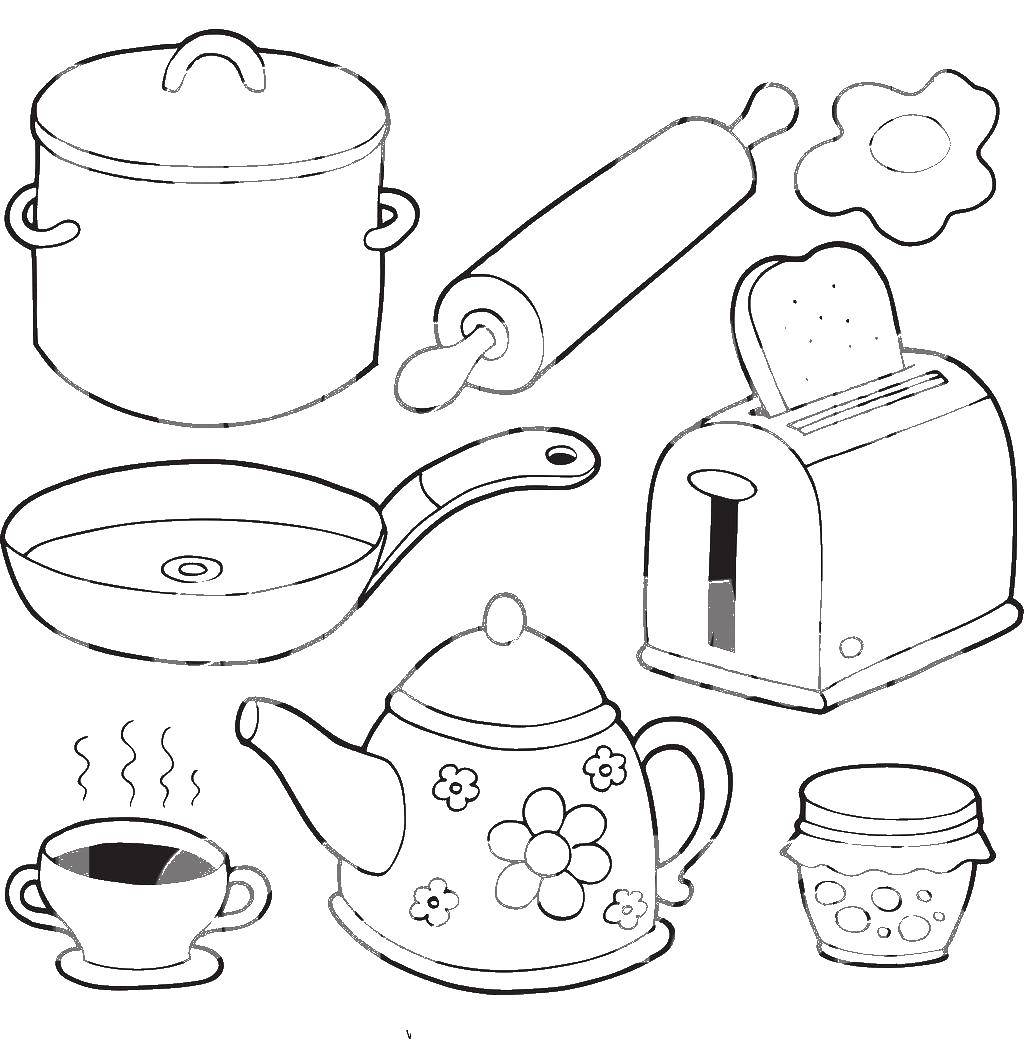 Раскраски про кухню, еду, чай, тосты и посуду для детей (кухня, тосты, посуда)