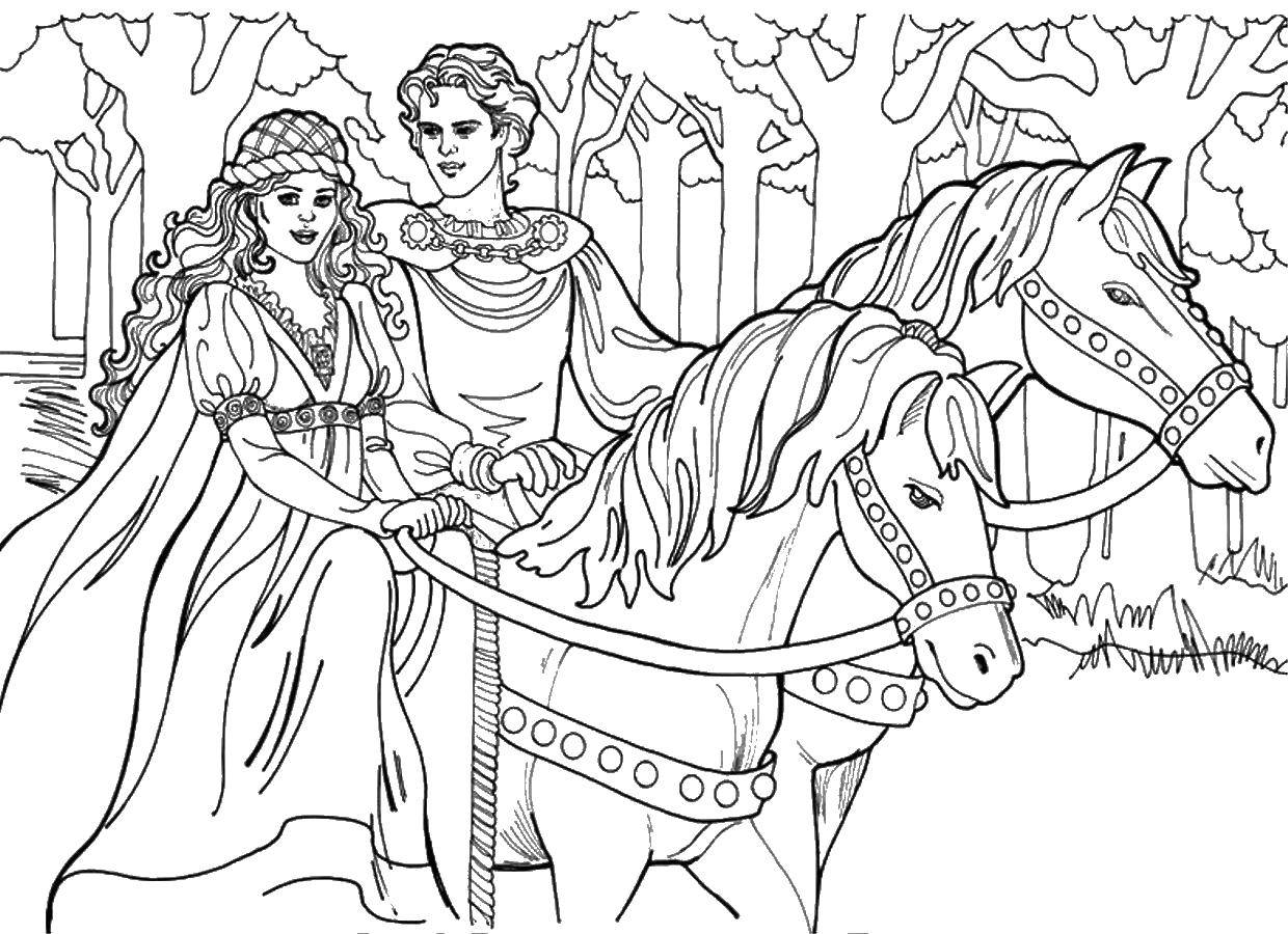 Раскраска с Королевой, принцем, принцессой и лошадьми для детей (Королева, принц, принцесса, лошади)