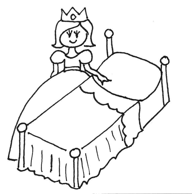 Раскраска спальной комнаты принцессы с подушками и одеялом (принцессы, подушки, одеяла, комната)