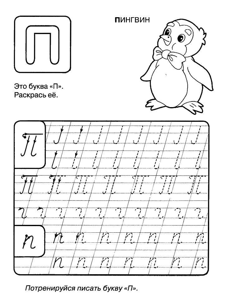 Раскраска с пингвином и буквой П (пропись)