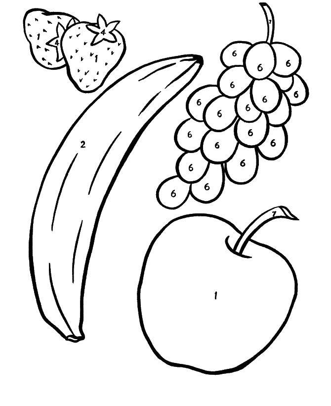 Раскраска с яблоками и грушами, цифры от 1 до 5 (образец, цифры)